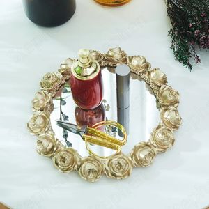 Storage Boxes Gold-plated rose mirror tray decoration Nordic luxury jewelry and cosmetics display tray Forged iron glass cake dessert tray 231208