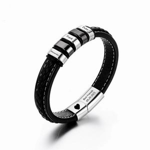 Charme Pulseiras Nome Personalizado Pulseiras de Texto para Homens Presente Pulseira de Couro Preto Personalizado ID Grânulos de Aço Inoxidável com Fecho de Segurança Magnética 231207