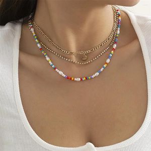 Anhänger Halsketten Mode Multilevel Boho Farbige Perle Faux Perle Gold Farbe Kristall Kette Halskette Für Frauen Vintage Geometrie Punk Choker