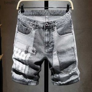 Mody dżinsowe szorty męskie Capris Summer cienki luźne spersonalizowane elastyczne spodnie streetwear dżinsy męskie odzież Hiphopl231208