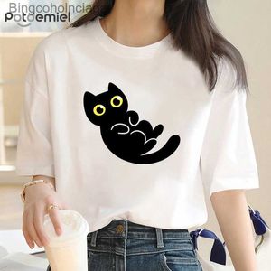 T-shirt damski w stylu koreański bawełniany luźny czarny kota koszulka na sanki dla kobiet i mężczyzn w letniej casual college para top 100%Cottonl231208