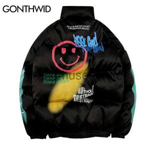 Herrarna ner parkas gonthwid graffiti tryck puffer bomull vadderad parkas streetwear hip hop casual tjocka varma jackor rockar hipster mode vinter co j231208