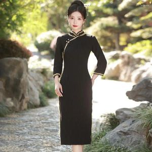Повседневные платья, вечерние Cheongsam, элегантное женское платье Ципао на весну и осень, тонкое банкетное платье, Vestidos, платье в традиционном китайском стиле с пуговицами