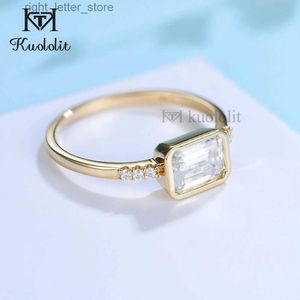 With Side Stones Kuololit Emerald Cut Moissanite Solid 14K 10K Yellow Gold Ring for Women Bezel Set 1CT Solitaire Jewelry for Wedding Engagement YQ231209