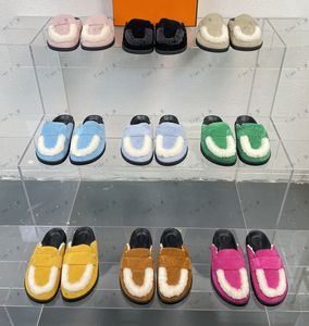 Alta qualità Nuova primavera Autunno Colore multiplo Donna Mezza pantofola Kid Pelle scamosciata tacchi spessi pelliccia Punta tonda Decorazione in lana Capispalla femminile Scivoli pigri Pista Le sue scarpe basse