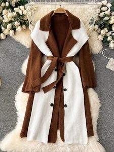 Kobiety Odziew Odziew Płaszcze Sweter Midi Cardigans Autumn Zima Grube ciepłe szalik z kapturem Kurtki luźne koronkowe płaszcze z paskiem w górę odzieży wierzchniej 2024