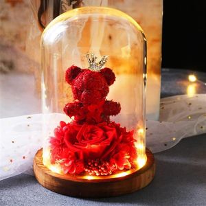 New Teddy Bear Rose Flowers In Glass Dom Light Festival Flowers Home Wedding Decoration Birthday Valentine's Day Flower Gifts2658