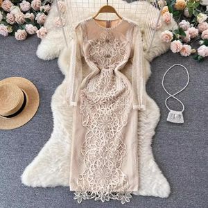 Casual Dresses 2024 Spring Summer Flower Embroidery Hollow Out Dress Women's Long Sleeve Crochet Lace Fairy Pencil Wedding Party Vestidos