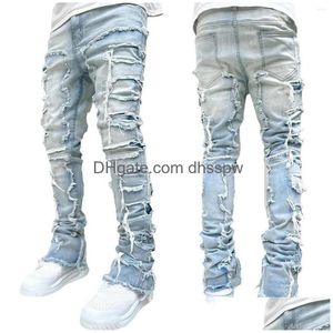 Män jeans män män rippade staplade dog förstörda mager demin byxor smala fit byxor estetiska älv shorts streetwear drop del dhvx9