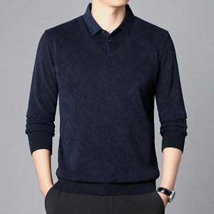 Autumn and winter new plush and thickened boutique men's fake two-piece knitted sweater for middle-aged and elderly men's sweater