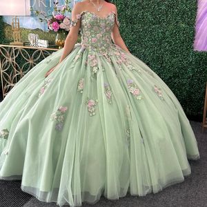 Sage Green Shiny Ball Gown Quinceanera Dress 2024 Appliques Flowers Lace Off Shoulder Sweet 15 16 Years Vestidos De 15 XV Anos
