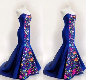 Vintage mexicano sereia vestidos de casamento 2024 floral bordado strapless espartilho cetim formal festa vestido de noiva longo novia