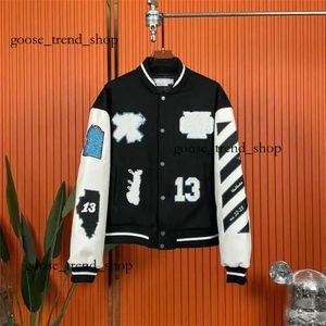 Offs Autumn and Winter Brand Jacket 2023 New Coat Male and Female Lovers OW Heavy Industry Embroidered Wool Spliced Leather Sleeve Bomber 844