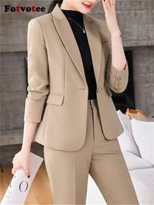 Dwuczęściowe spodnie dla kobiet Fotvotee Slim Office Ladies określa wypoczynek 2023 Odkręć kołnierz pojedynczy przycisk Blezer Solid Casual Pant Suits 231208