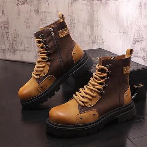 Men's High-top Casual Leather Shoes British Retro Mid-calf Boots Patchwork Men's Tooling Outdoor Biker Work Boots 10A36