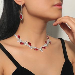 Wedding Jewelry Sets Elegant Geometric Necklace Earring Pink Red Blue Green Crystal for Bride 231208