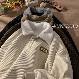 Corduroy Polo collar hoodie men's autumn and winter plus fleece thickened lamb coat couple winter teenagers