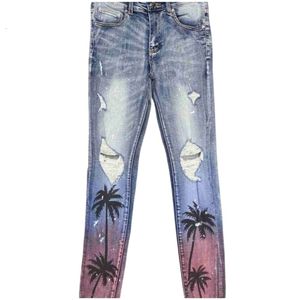 Amirs designer jeans toppkvalitet män jeans kläder jeans denim byxor nya 6597 blå perforerade jeans med kokosnöt trädfärg gradient smal passar liten yn7g