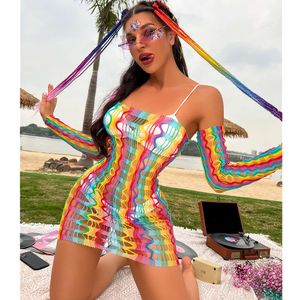 Sexy Rainbow Fishing Net Mini Women Perspective Bodycon Dress Ladies Erotic Mesh Hollow Out See-through Beachwear sexy