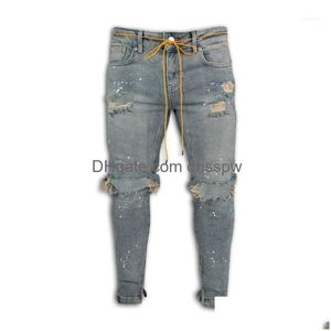 Mäns jeans herr mode fotleds blixtlås mager sträcka förstörd rippad färgpunkt design1 droppleverans kläder kläder dhjwa