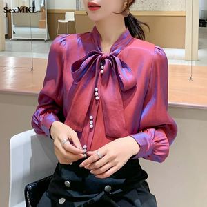 Kvinnors blusar Ultra Fine Button Women's Shirt 2022 Elegant och fashionabla långärmade kontorsskjorta Bow French Y2K Women's Purple Top Camisas Mujer 231209