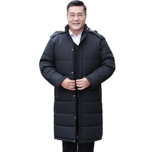 Grandpa and Dad's mid length hooded windbreaker, oversized plush, cold resistant black jacket, high-quality middle-aged and elderly cotton jacket