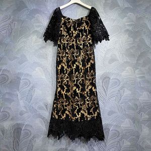 Vestido formal de cauda de peixe preto envolto nádegas vestidos 2023 primavera feminino retro um ombro manga curta renda oco vestido bordado