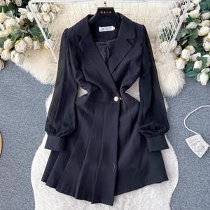 Casual Dresses 2024 Spring Summer Korean Fashion Notched Collar Chiffon Blazer Dress Women Long Sleeve Double Breasted Pleated Mini Vestidos