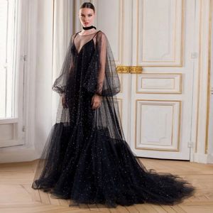 Black Spaghetti Strap Evening Dresses with Cape Beaded Formal Gown with Fluffy Sleeves Long Train for Women Robe