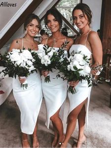 Beyaz basit boho kısa nedime elbiseler yular kayışları yan bölünmüş seksi genç kızlar resmi parti elbiseleri bahçe plajı düğün missis modern hizmetçi onur elbisesi cl3038