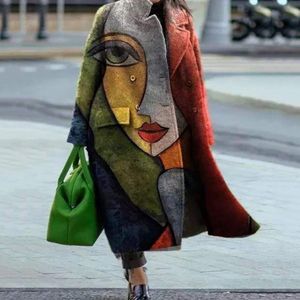 Neue europäische und amerikanische grenzüberschreitende Herbst-Damenbekleidung Amazon langärmelige Reversjacke bedruckter langer Wollmantel