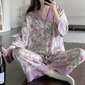 Women's Sleep Lounge Spring 2st Pyjama Set Women Tulpan Floral Turndown Collar Shirt Trouser Pyjamas Set Court Style Nightwear Home Clothes Pyjamas 231208