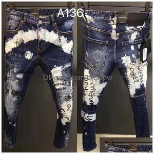 Męskie dżinsy męskie moda uliczna Mężczyźni Wysokiej jakości retro niebiesko -drukowane projektant Slim Fit Ripped Hip Hop Splashed Denim Pantsmens Dhbuz