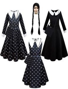 Sukienki dla dziewcząt moda film dla dzieci środa Addams Cosplay Princess Sukienka i peruka zestaw dziewczyny na Halloween Kostium karnawał Gothic BL8376770