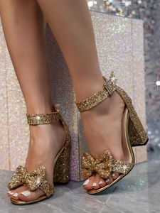 high chunky heels 2024 sheepskin sandals leather square Sequined Cloth Summer bowtie one line round toe peep-toe open toes Buckle Strap blingbling siz 35-42 58 peep- s