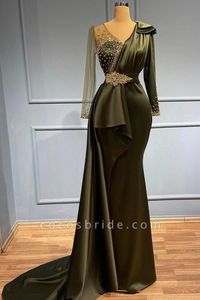 Arapça aso Ebi Yeşil Balo Elbisesi Boncuklu Uzun Kollu Kristaller V Boyun Gece Elbise Tüy Doğum Günü Nişan İkinci Elbise Kadınlar Resmi Giyim Yd