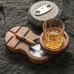 1pc,Wooden Cigar Ashtrays Coaster, Whiskey Glass Tray And Cigar Holder Revolving Cigar Accessories With Slots To Hold Cigar Great Cigars Gift Set For Men