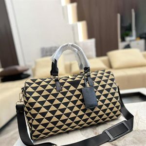 Man Women 45cm Embroidered Travel Bag Black Beige Fabric Duffel Bags Leather Handles Luggage Designers Tote with Shoulder Strap230A