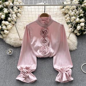 Women's Blouses Luxury Socialite Shirt Three-Dimensional Flower Design Slim Bubble Sleeve Half-High Neck Ruffled Collar Korean Dopamine Top