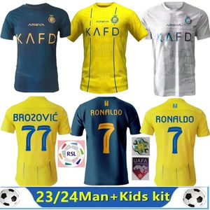 2023 2024 Al Nassr FC Futebol Jerseys Ronaldo Fãs Jogador Home 23 24 Brozovic Ghareeb Talisca Telles MashariPov Lajami Mulheres Homens Crianças Camisa de Futebol Al-Nassr FC