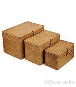 Rectangular Handwoven Seagrass Storage Basket with Lid and Home Organizer Bins Set of 3 Set of 3 SML9865743