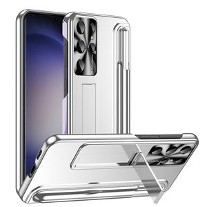 Luxury Plating Hybrid Phone Case för Samsung Galaxy S22 S23 Ultra Robust Invisible Bracket Full Protective Solid Color Kickstand Back med Pen Slot Holder