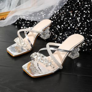 2023 leather sheepskin leather sandals chunky square heels diamond Summer Narrow Band one line transparent heel peep-toe open toes slipper mix colour siz 35-42