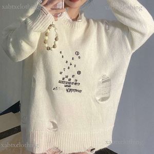 Hot Sale Top version MM6 sweater women margiela embroidered letters broken hole knitting wool round neck long sleeve sweater