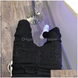 Män jeans män män trend svart rippade mode gata hål byxor mysig mager design strass stretch mjuk tvättad denim pantsme dhulh