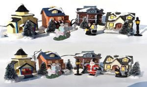 10pcsset Boże Narodzenie Święty Mikołaj Snow House Stale Sets Luminous LED Light Up Xmas Tree Shop Dekoracje Figurki H1029875392