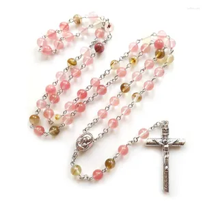 Pendant Necklaces QIGO Catholic Rosary Long Pink Stone Cross Necklace For Women Religious Jewelry