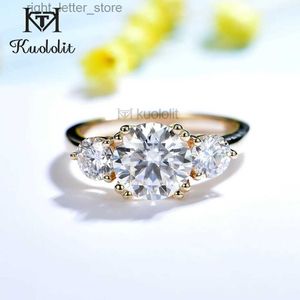 Com pedras laterais Kuololit sólido 18K 14K 10K ouro amarelo anéis de moissanite para mulheres anel solitário de corte redondo para noivado, casamento, joias finas YQ231209