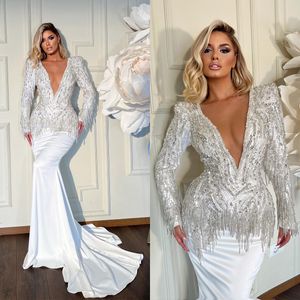 White Mermaid Wedding Dresses Luxury Beading Tassel Dress For Bride Deep V Neck Long Sleeve Bridal Gowns