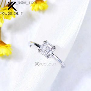 With Side Stones Kuololit Asscher Cut Moissanite Ring for Women Solid 14K 10K White Gold Double Prongs Solitaire Ring for Engagement Christmas YQ231209